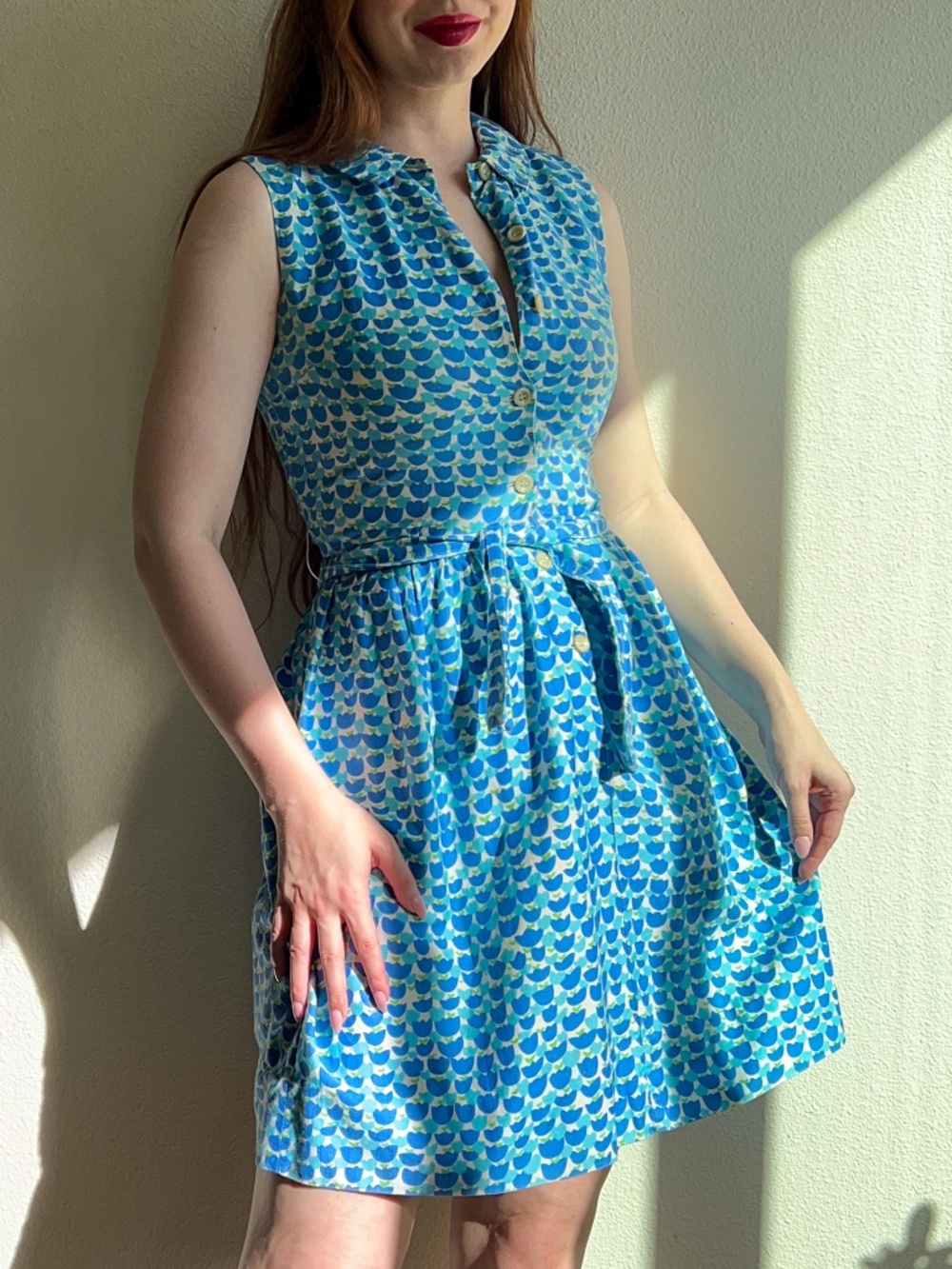 Vintage 1950s Sleeveless Summer Dress With Blue Tulip Print (S)